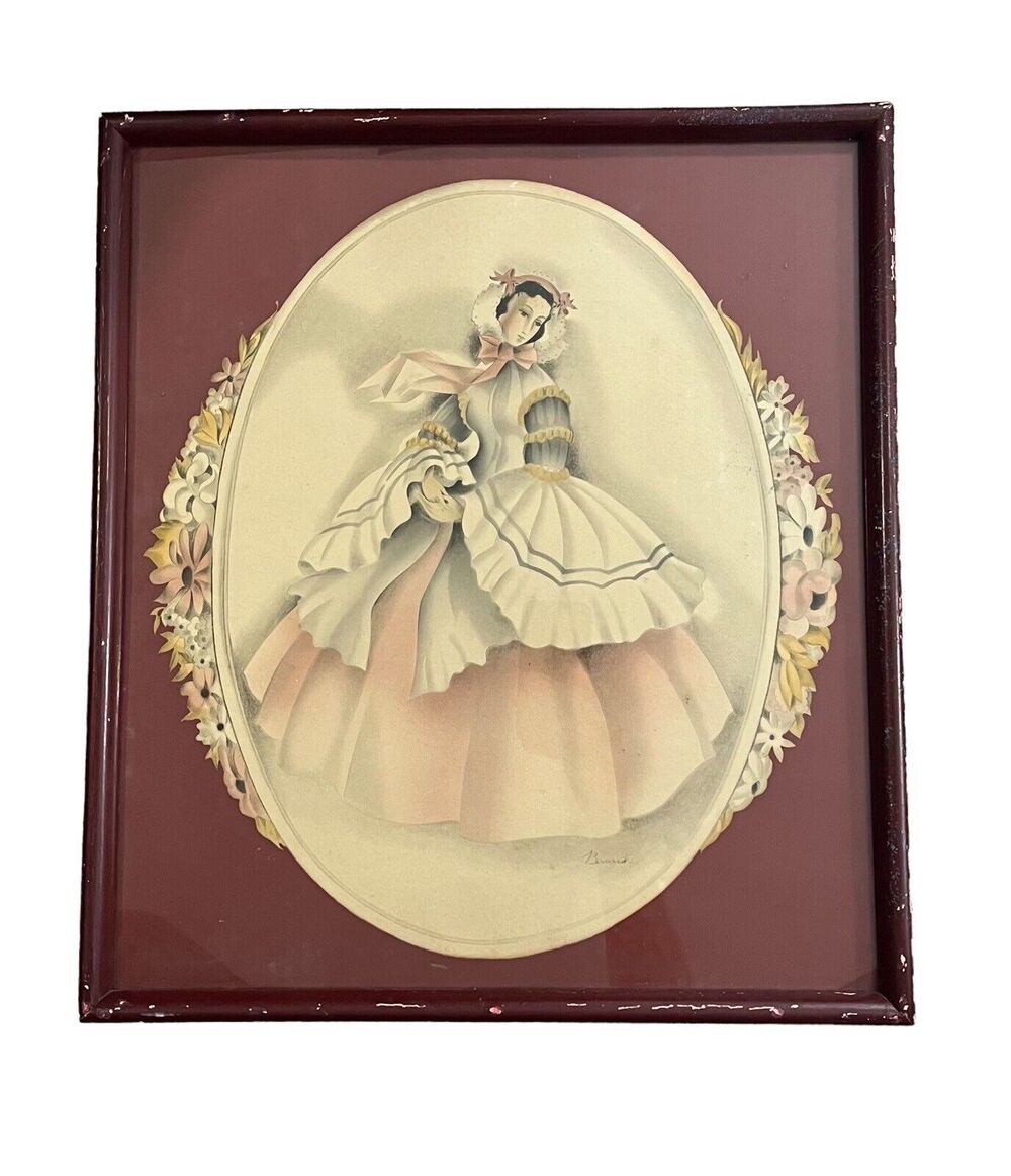 Vintage Victorian Woman Dress Bernard Signed Airbrush Litho Framed Art Antique